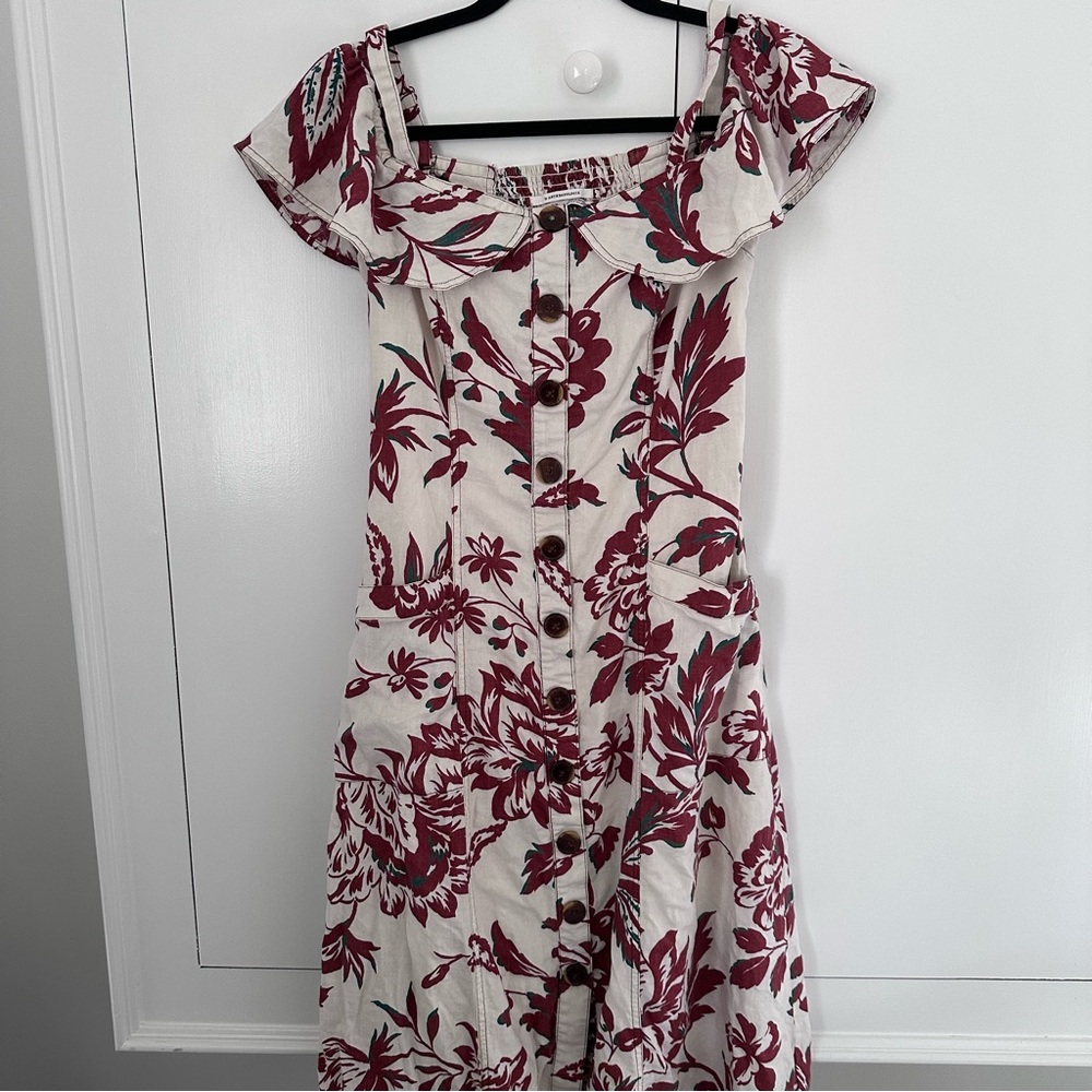 Anthropologie Off-Shoulder Red Floral Midi Dress